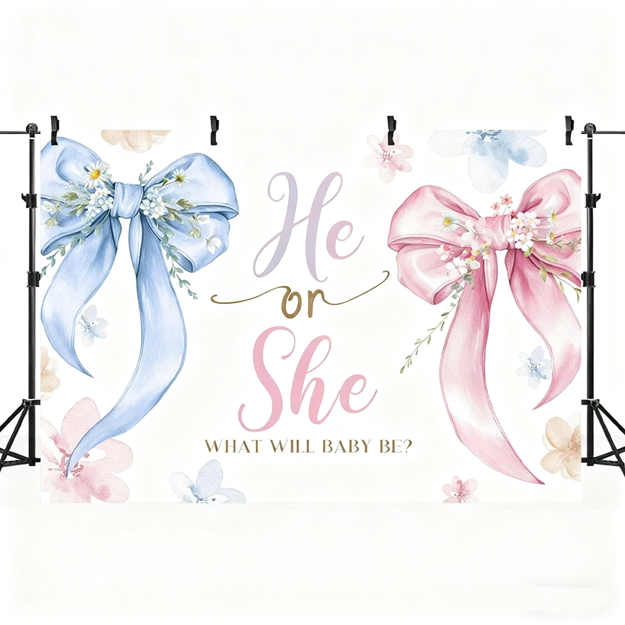 Gender Reveal Backdrop - "He or She" with Blue & Pink Bows - Baby Shower Party Banner