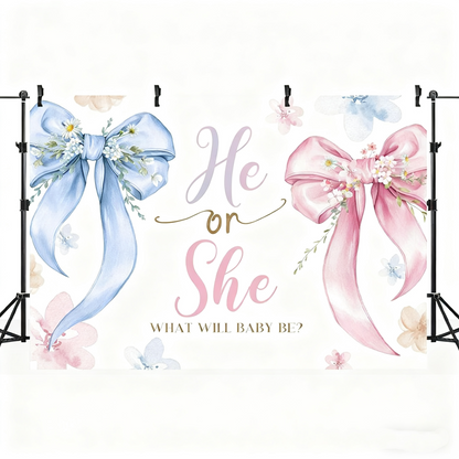 Gender Reveal Backdrop - "He or She" with Blue & Pink Bows - Baby Shower Party Banner