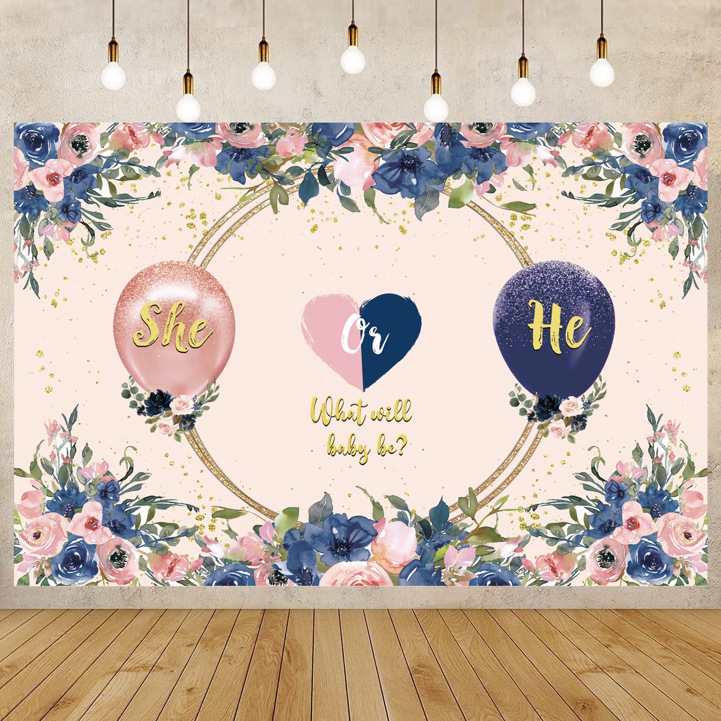 Gender Reveal Backdrop Banner - "He or She" Design - 59x39.3 Inches - Baby Shower Photo Background
