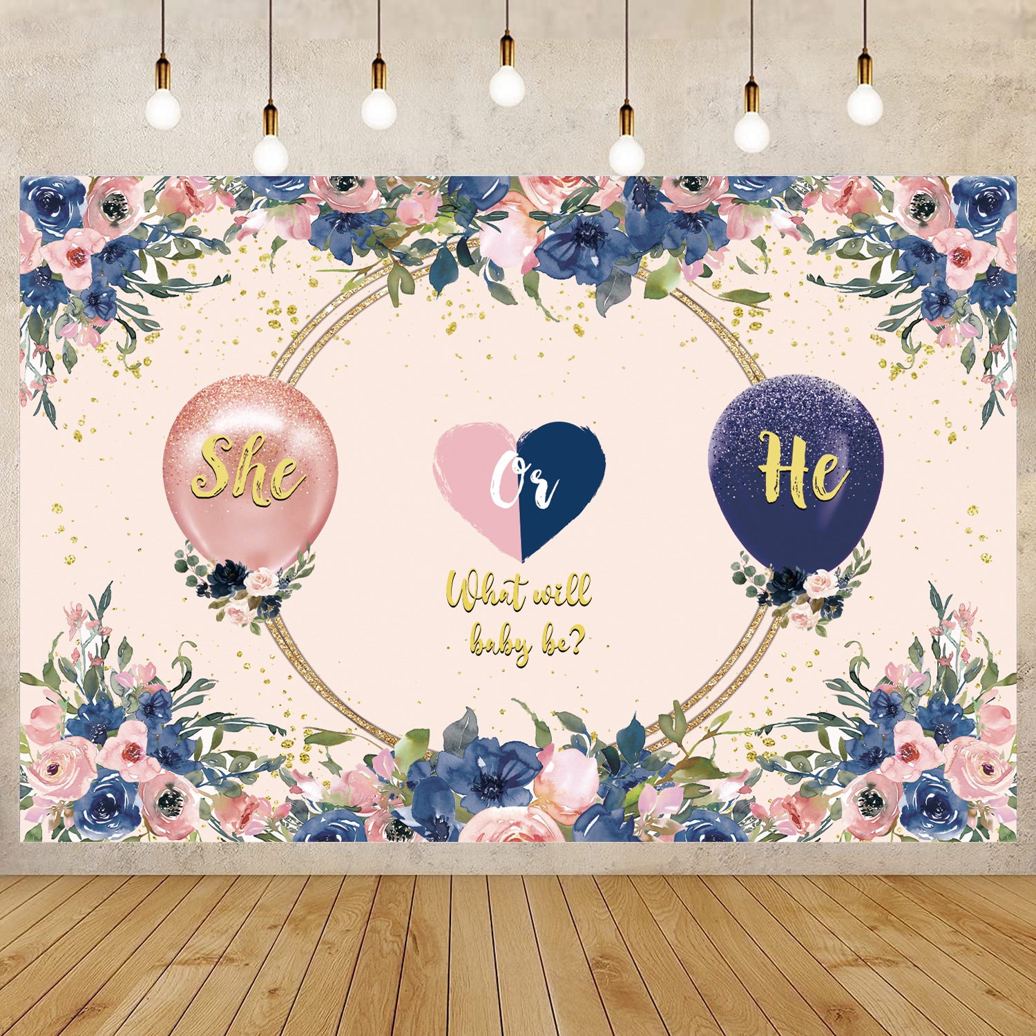 Gender Reveal Backdrop Banner - "He or She" Design - 59x39.3 Inches - Baby Shower Photo Background