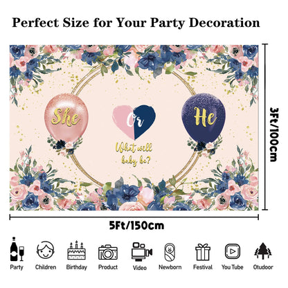 Gender Reveal Backdrop Banner - "He or She" Design - 59x39.3 Inches - Baby Shower Photo Background