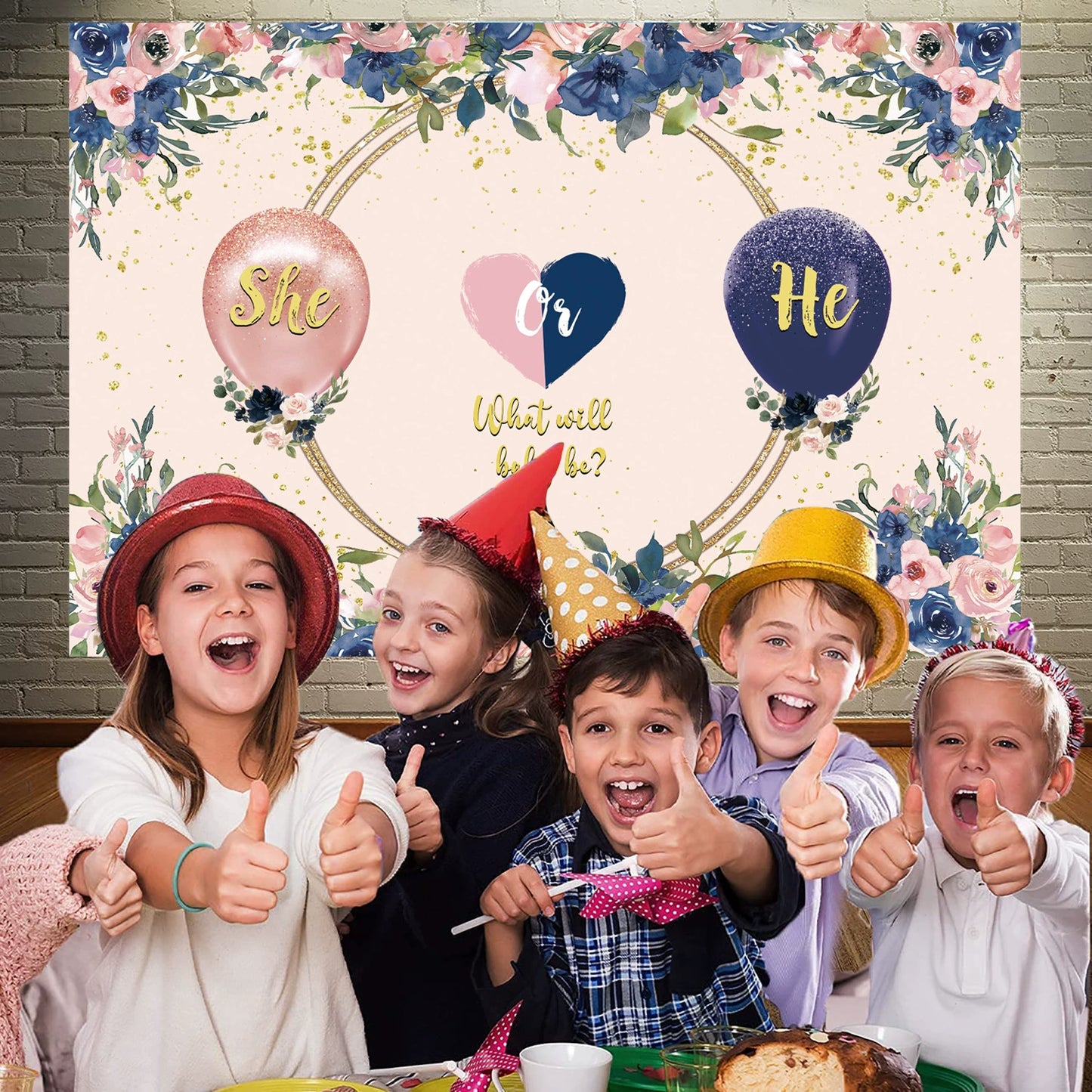 Gender Reveal Backdrop Banner - "He or She" Design - 59x39.3 Inches - Baby Shower Photo Background