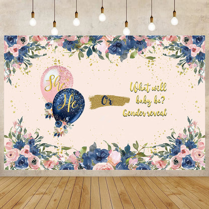 Gender Reveal Backdrop Banner - "He or She" Design - 59x39.3 Inches - Baby Shower Photo Background