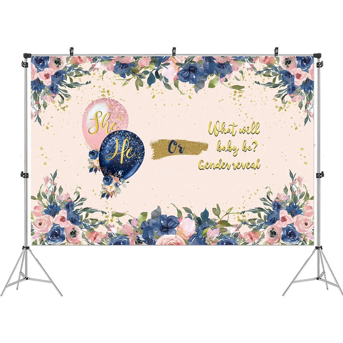 Gender Reveal Backdrop Banner - "He or She" Design - 59x39.3 Inches - Baby Shower Photo Background