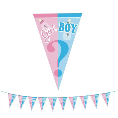 Gender Reveal Party Triangle Banner - Girl or Boy Pennant Garland - 10 Flags, 7.5ft Long