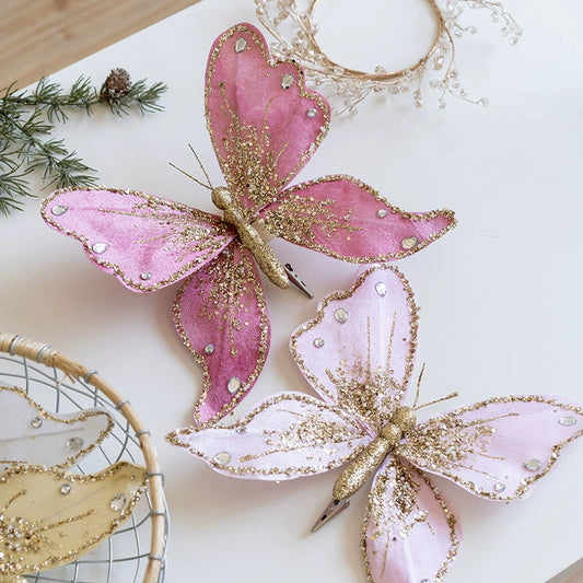 Glam Gold Glitter Butterfly Christmas Tree Ornaments - High-end Fabric & Sequin Decor