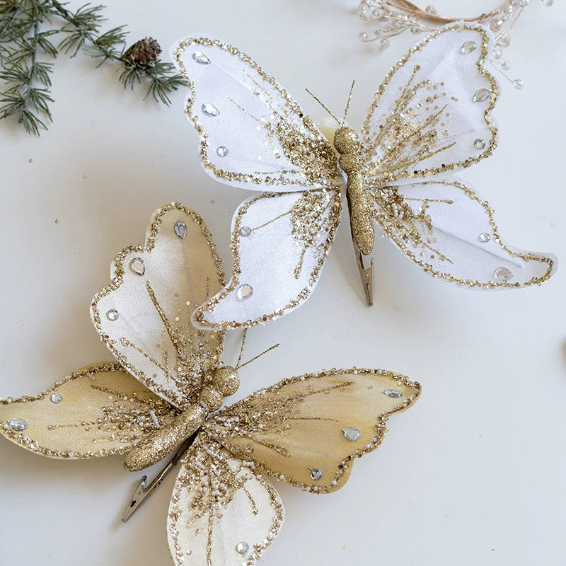 Glam Gold Glitter Butterfly Christmas Tree Ornaments - High-end Fabric & Sequin Decor