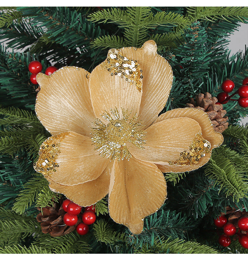 Large Glitter Artificial Flowers 10 Pcs 6 Inch Christmas Tree Wreath DIY Ornaments Bulk