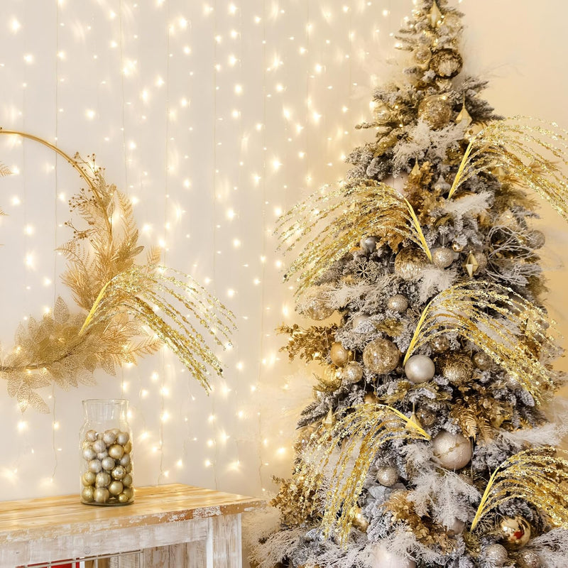 Glitter Christmas Tree Picks and Sprays, 12 Inch Artificial Branches with Sequins, 10 Pcs Bulk Ornaments