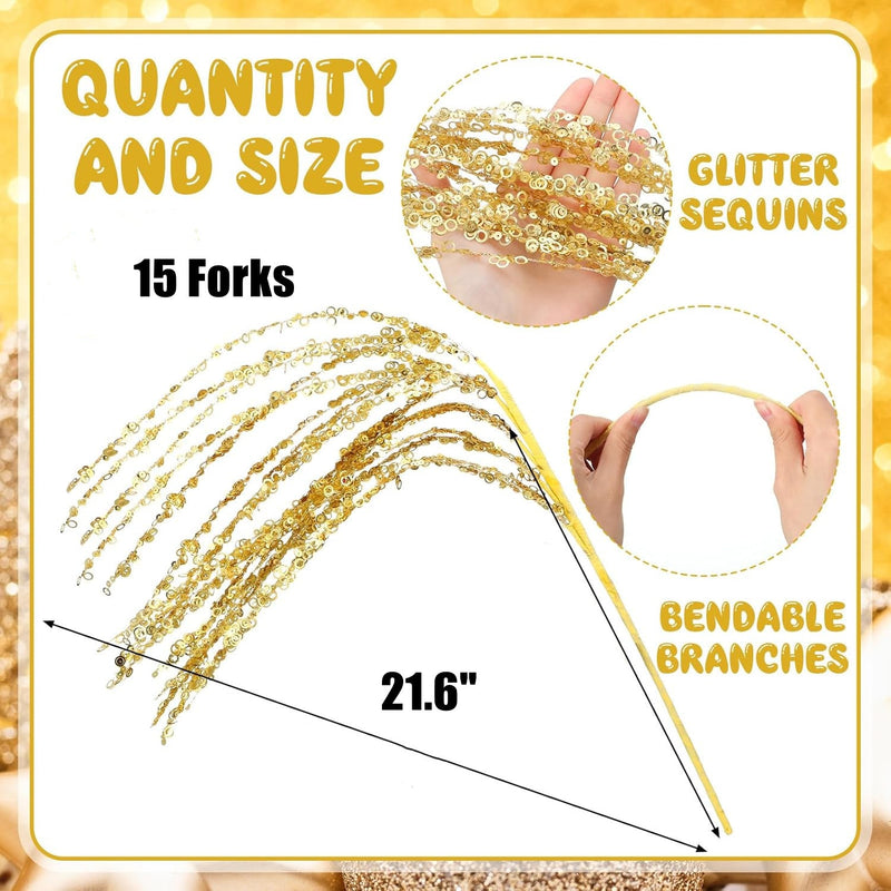 Glitter Christmas Tree Picks and Sprays, 12 Inch Artificial Branches with Sequins, 10 Pcs Bulk Ornaments