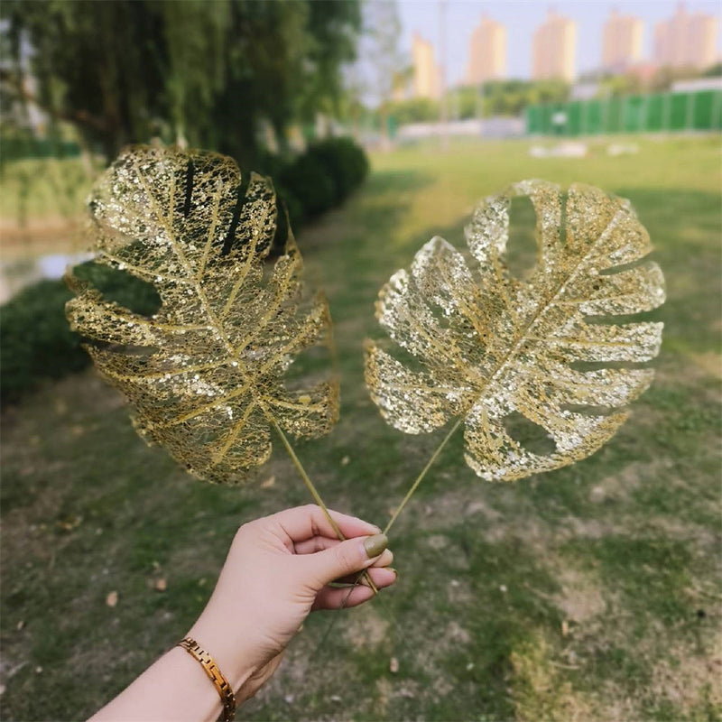 10 Pcs Artificial Glitter Golden Palm Leaves 12 Inch Tropical Party Decorations Bulk