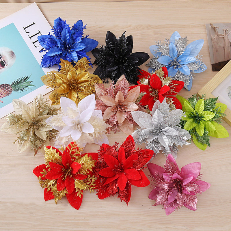14 Colors 6 Inch Glitter Poinsettia Artificial Christmas Flowers Bulk Wholesale