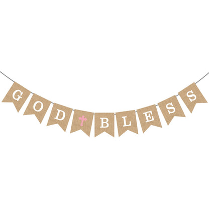 God Bless Burlap Banner - Baptism Christening First Communion Baby Shower Party Decor
