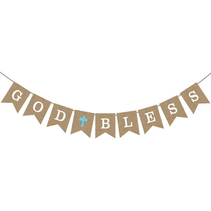 God Bless Burlap Banner - Baptism Christening First Communion Baby Shower Party Decor