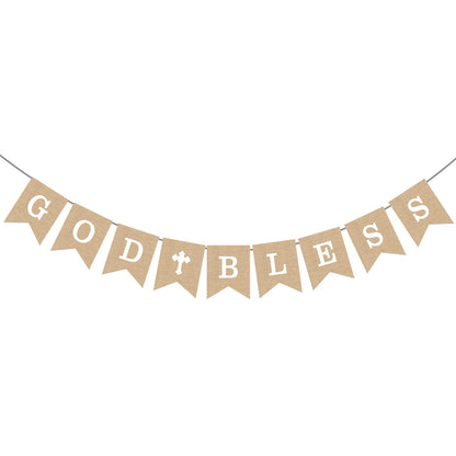 God Bless Burlap Banner - Baptism Christening First Communion Baby Shower Party Decor