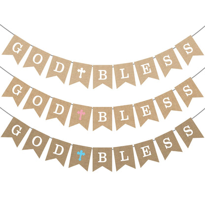 God Bless Burlap Banner - Baptism Christening First Communion Baby Shower Party Decor