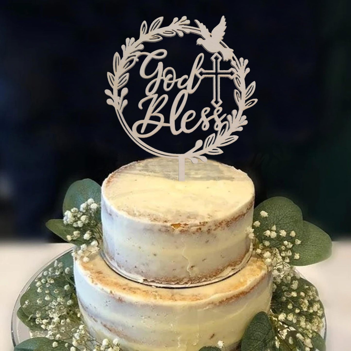 God Bless Wooden Cake Topper - Baptism Christening Communion Religious Party Decoration