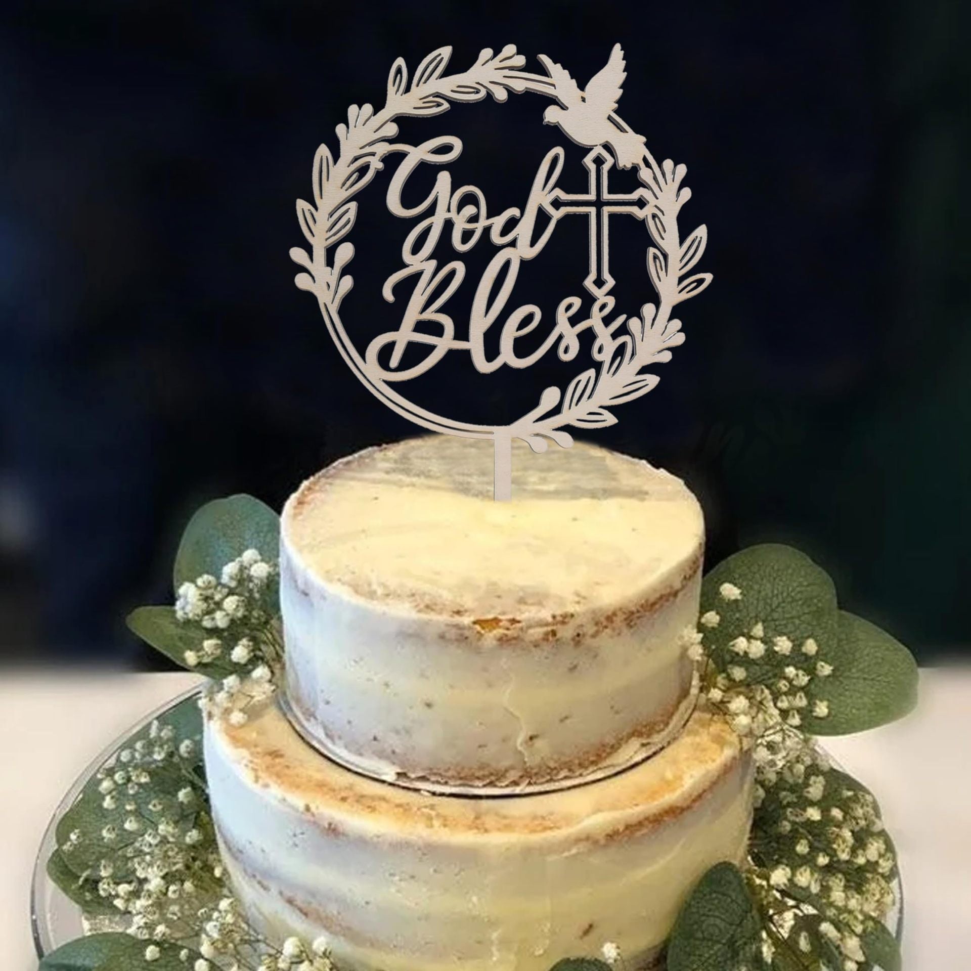 God Bless Wooden Cake Topper - Baptism Christening Communion Religious Party Decoration
