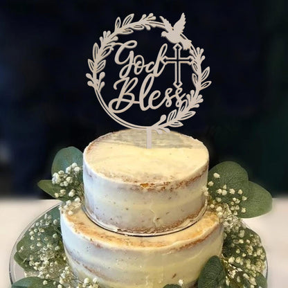 God Bless Wooden Cake Topper - Baptism Christening Communion Religious Party Decoration