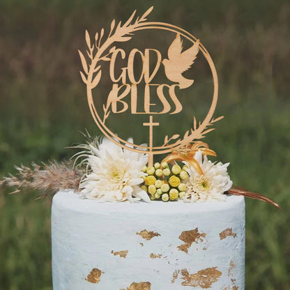 God Bless Wooden Cake Topper - Baptism Christening Communion Religious Party Decoration