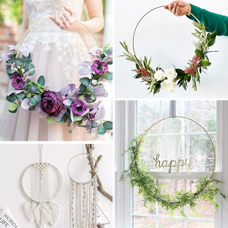 Wedding Gold Hoop Garland DIY Kit - 12” Metal Hoop with Wooden Base & 5 Bonus Flowers for Floral Wreath Decor