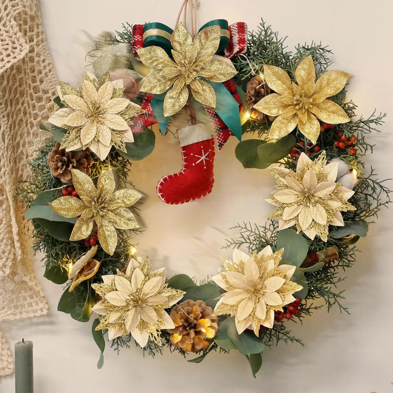 14 Colors 6 Inch Glitter Poinsettia Artificial Christmas Flowers Bulk Wholesale