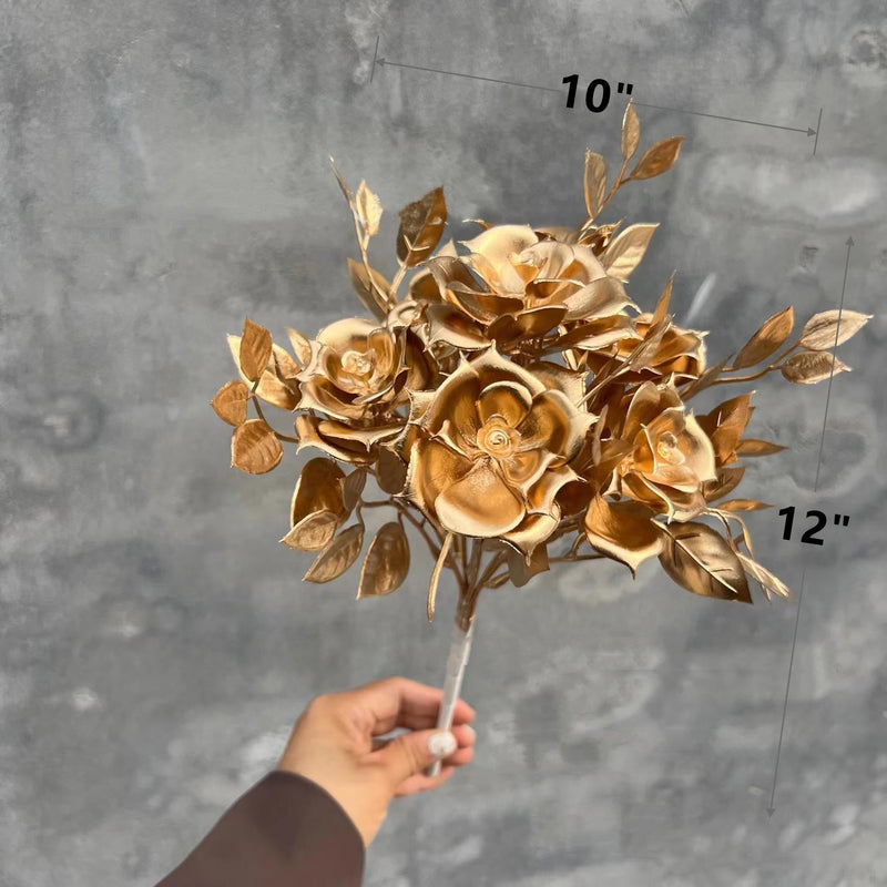 10 Pcs Artificial Christmas Golden Stem Bush Flowers Real Touch Silk