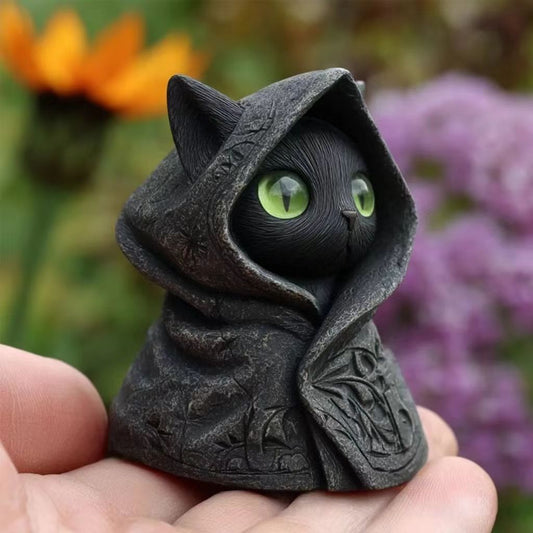 Gothic Hooded Black Cat Figurine - Mysterious Desk & Shelf Decor Accent