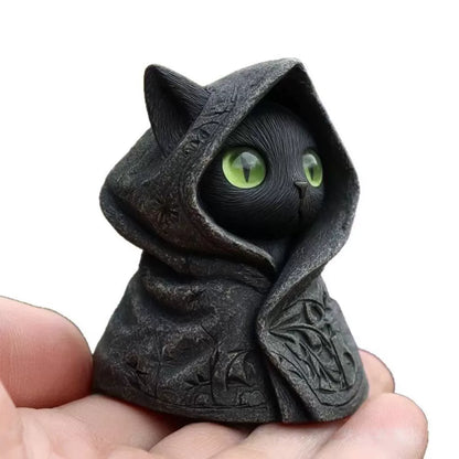 Gothic Hooded Black Cat Figurine - Mysterious Desk & Shelf Decor Accent