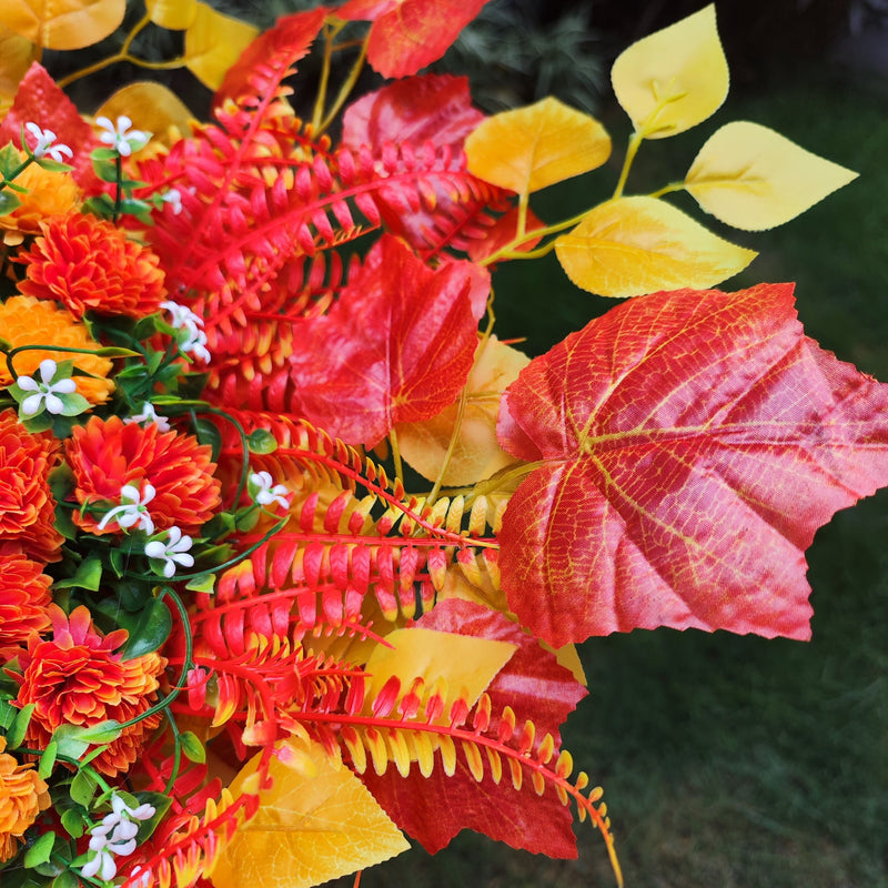 32 Inch Sunset Orange Artificial Mums Cemetery Flower Saddle for Headstone - Bulk Quantity