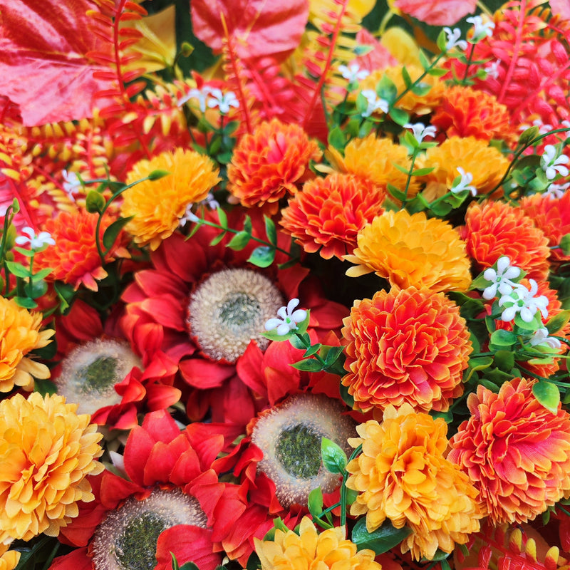 32 Inch Sunset Orange Artificial Mums Cemetery Flower Saddle for Headstone - Bulk Quantity