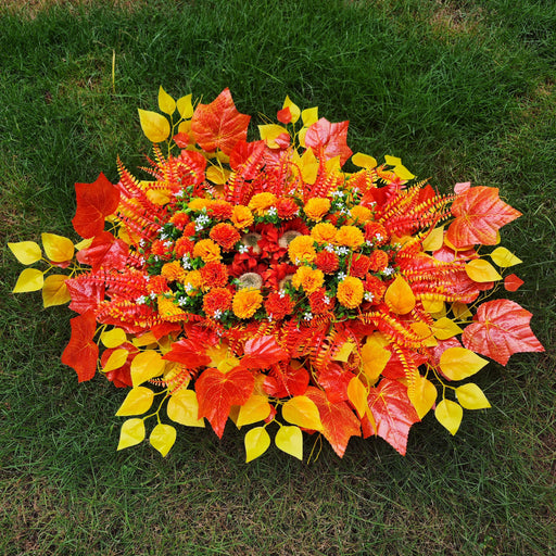 32 Inch Sunset Orange Artificial Mums Cemetery Flower Saddle for Headstone - Bulk Quantity
