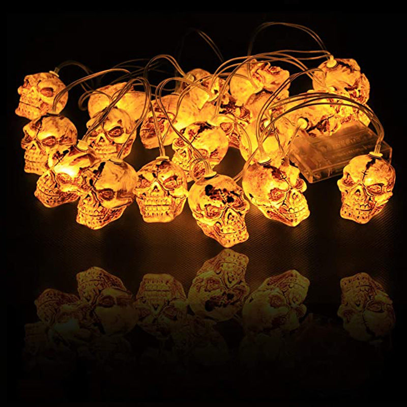 Halloween Skull LED String Lights 59 Inch, 10 Bulbs, Battery Operated, Decorative Indoor Outdoor Lighting