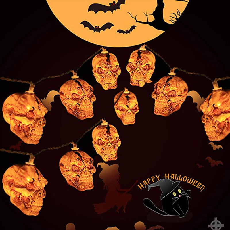 Halloween Skull LED String Lights 59 Inch, 10 Bulbs, Battery Operated, Decorative Indoor Outdoor Lighting