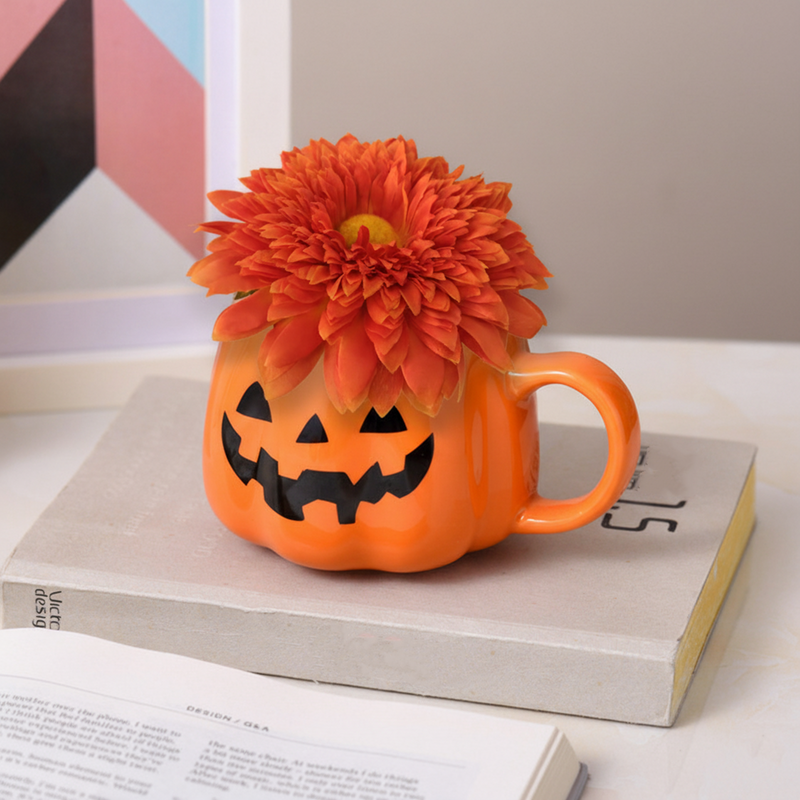 Artificial Chrysanthemums Floral Arrangement 5 Inch Orange Ceramic Pumpkin Vase Halloween Decor Bulk
