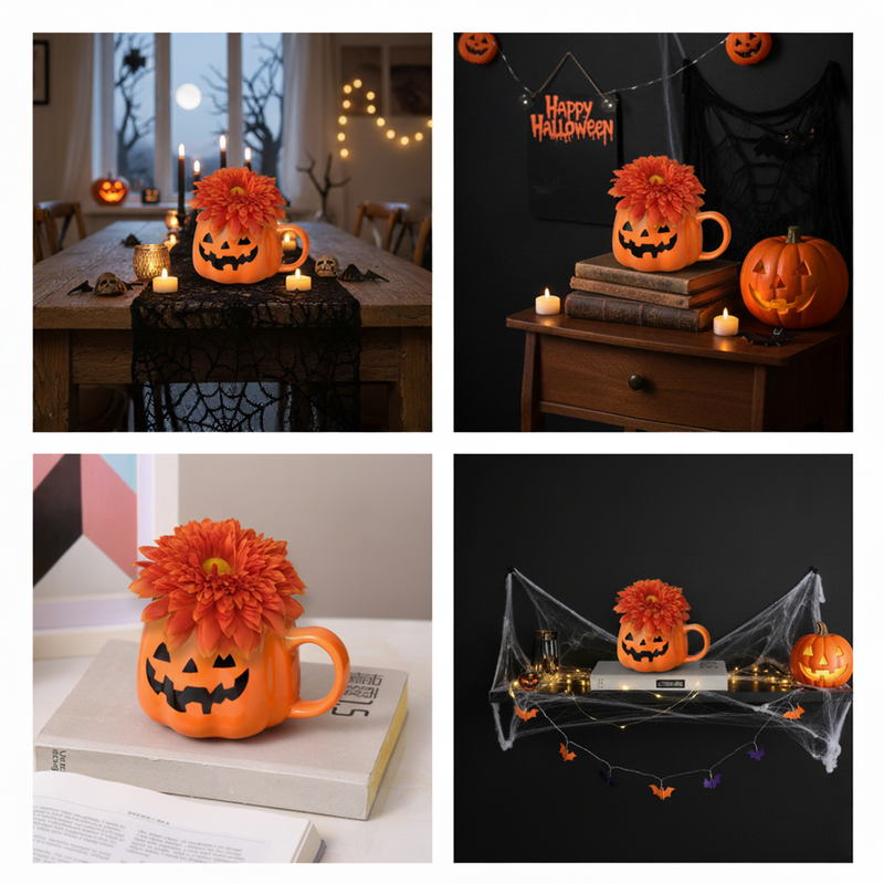 Artificial Chrysanthemums Floral Arrangement 5 Inch Orange Ceramic Pumpkin Vase Halloween Decor Bulk