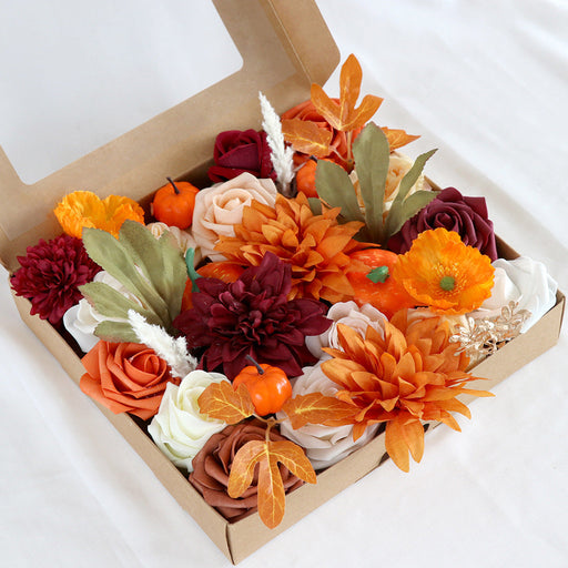10 Pcs Fall Thanksgiving Artificial Flower Heads Box Set Orange Burgundy Silk for DIY Centerpieces Floral Arrangement