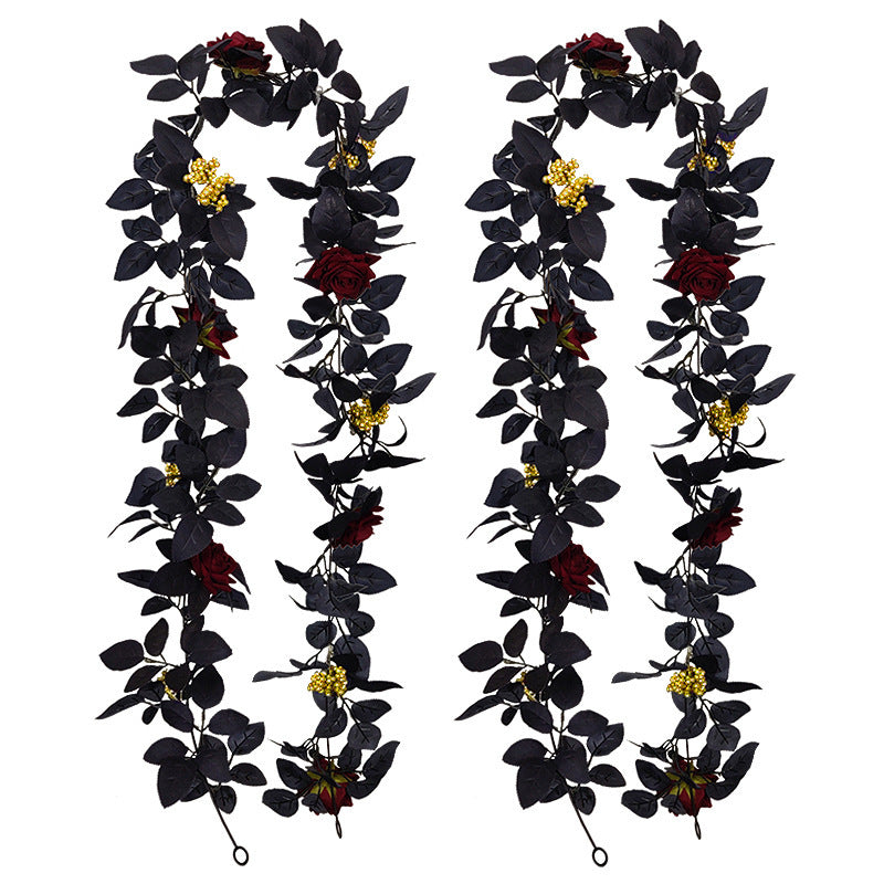 2 Pcs Black Halloween Garland with Burgundy Artificial Flowers and Yellow Berries