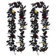 2 Pcs Black Halloween Garland with Burgundy Artificial Flowers and Yellow Berries