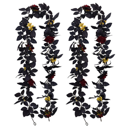 2 Pcs Black Halloween Garland with Burgundy Artificial Flowers and Yellow Berries
