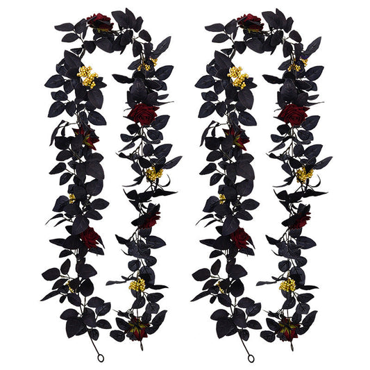 2 Pcs Black Halloween Garland with Burgundy Artificial Flowers and Yellow Berries