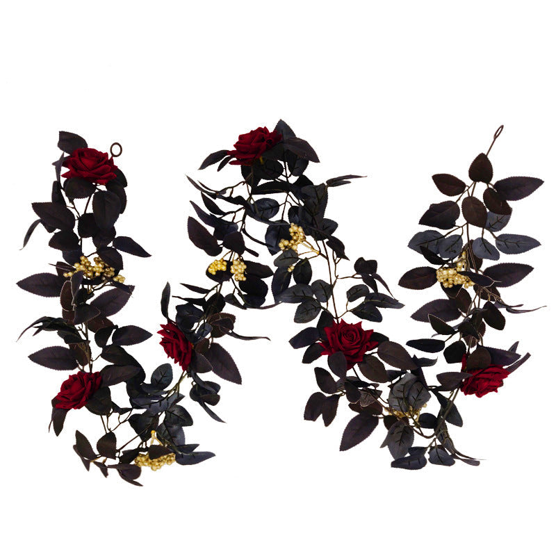 2 Pcs Black Halloween Garland with Burgundy Artificial Flowers and Yellow Berries