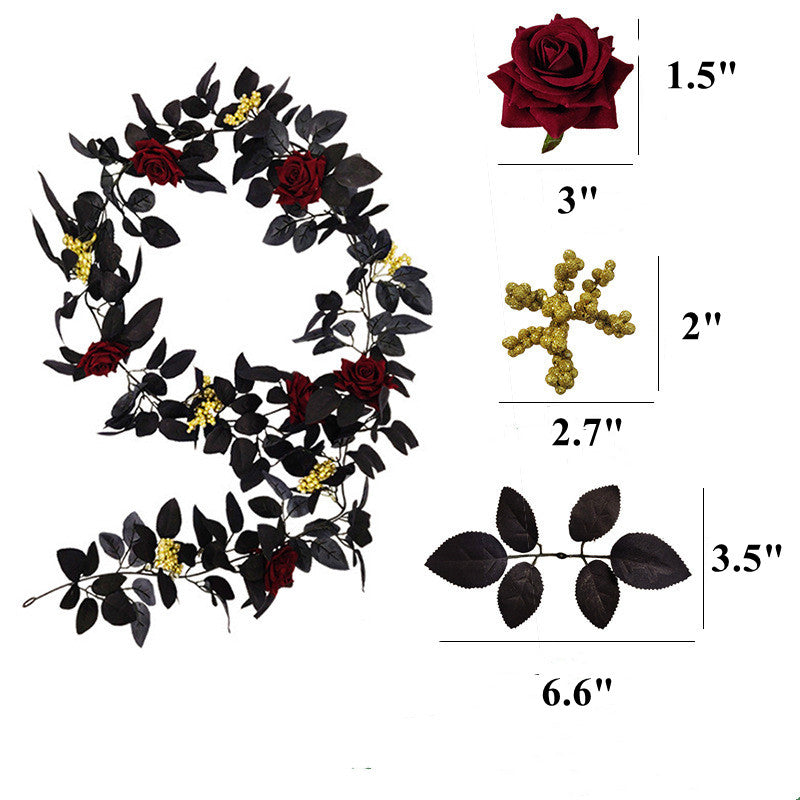 2 Pcs Black Halloween Garland with Burgundy Artificial Flowers and Yellow Berries