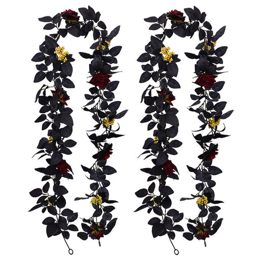2 Pcs Black Halloween Garland with Burgundy Artificial Flowers and Yellow Berries
