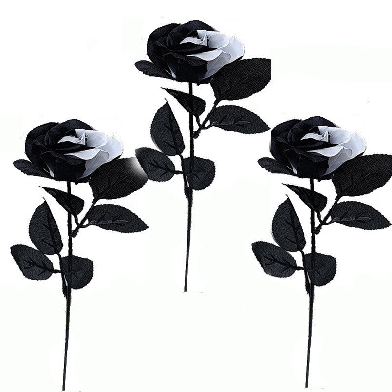 10 Pcs Artificial Halloween Rose Stems Black and White Silk Flowers Bulk