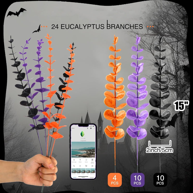 12 Inch Artificial Eucalyptus Stems 12 Pcs Black Purple Orange Halloween Decor