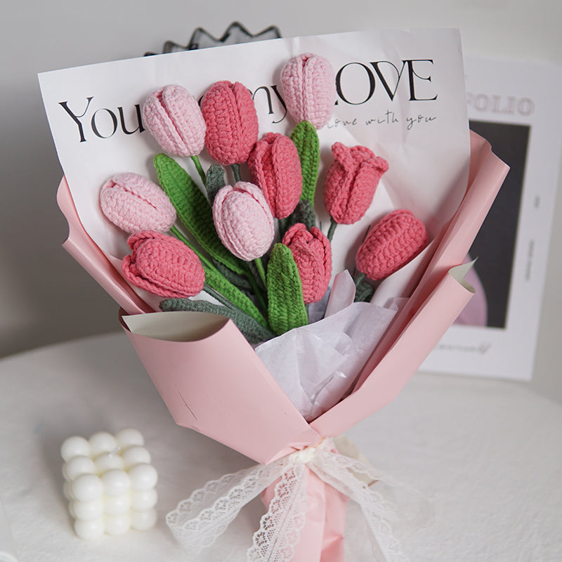 Handmade Artificial Knitted Tulip Bouquet, 10 Pcs Crochet Flowers for Wedding Decor