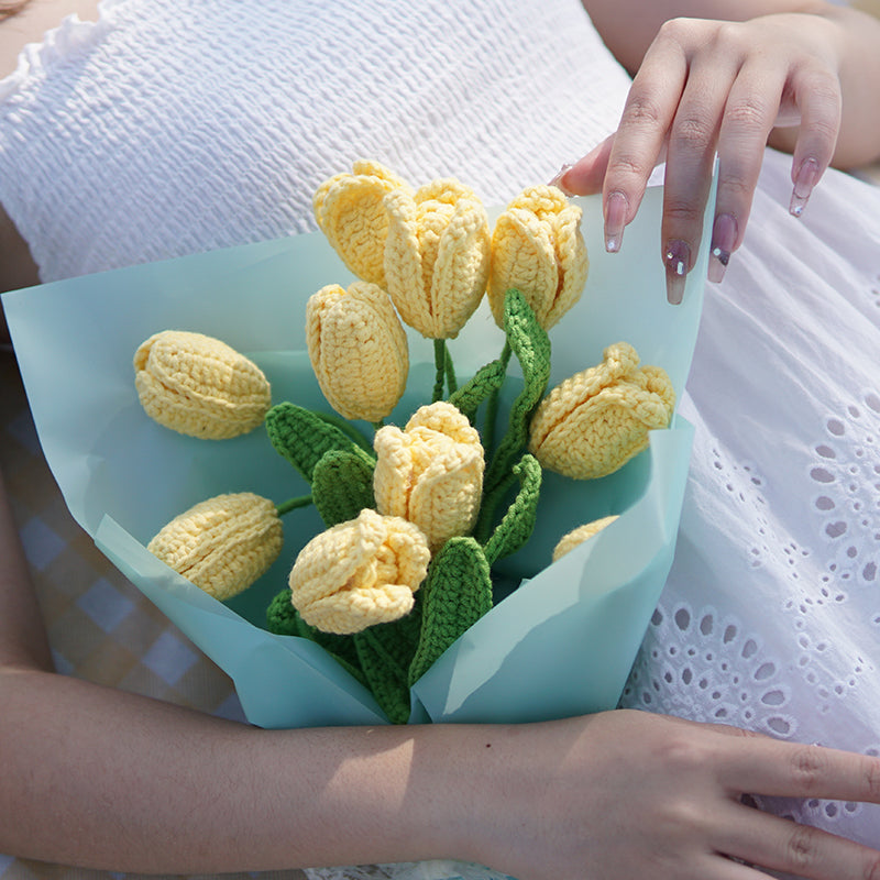 Handmade Artificial Knitted Tulip Bouquet, 10 Pcs Crochet Flowers for Wedding Decor
