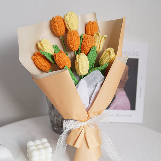 Handmade Artificial Knitted Tulip Bouquet, 10 Pcs Crochet Flowers for Wedding Decor