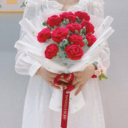 9 Inch Red Knitted Rose Bouquet 10 Pcs Handmade Crochet Artificial Flowers for Wedding Gifts